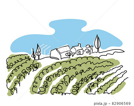 Vineyard field minimalist color design for wine label.Simple vector sketch, doodle illustration. Vineyard field one continuous line art drawing. Landscape with grape rows Vineyard field minimalist color design for wine label.Simple vector sketch, doodle illustration. Vineyard field one continuous line art drawing. Landscape with grape rows 82906569