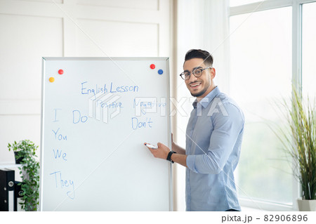 Happy male English standing near blackboard, explaining foreign language rules from home office Happy male English standing near blackboard, explaining foreign language rules from home office 82906896