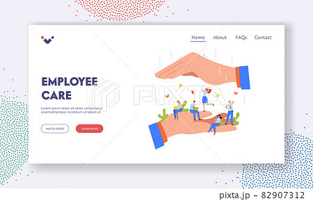 Employee Care Landing Page Template. Happy Tiny Workers Sitting on Huge Boss Hand. Characters Under Protection of Leader 82907312