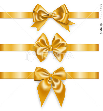Set of realistic golden ribbons with bows, decoration for gift boxes, design element Set of realistic golden ribbons with bows, decoration for gift boxes, design element 82907395