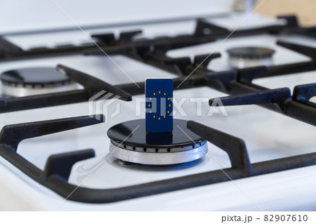 Shortage and gas crisis. European Union flag on off gas stove 82907610