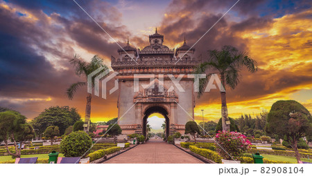 Patuxai literally meaning Victory Gate and sunset in Vientiane,Laos Patuxai literally meaning Victory Gate and sunset in Vientiane,Laos 82908104
