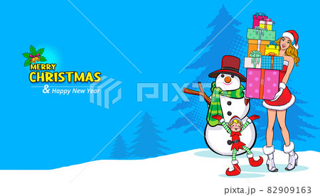 Santa woman carry gift boxes with snowman and elf 82909163