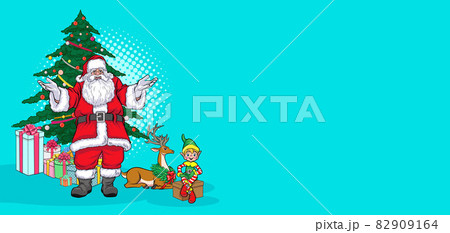 Santa Claus with deer and elf christmas tree for banner 82909164