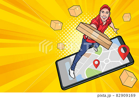 fast Delivery man employee with parcel out from mobile phone fast Delivery man employee with parcel out from mobile phone 82909169