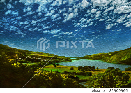 Hilly landscape lake at the Welsh countryside Hilly landscape lake at the Welsh countryside 82909966