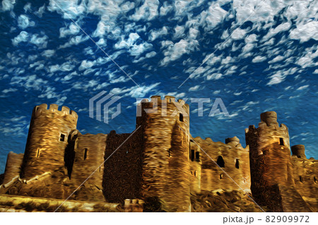 Towers and stone outer walls at the Conwy Castle 82909972