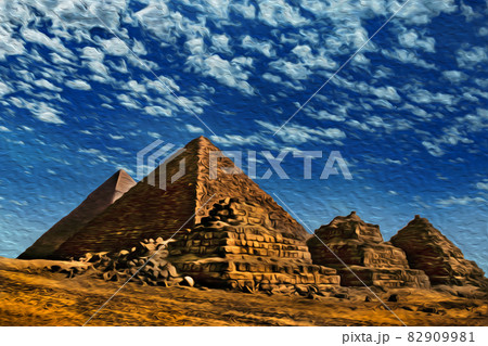 Desert landscape with the Giza pyramids Desert landscape with the Giza pyramids 82909981