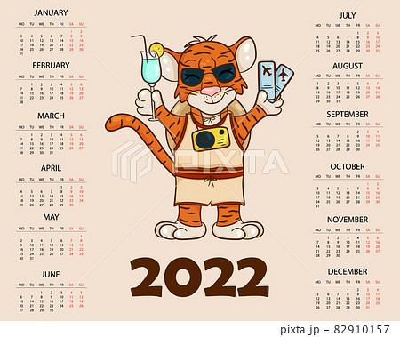 Calendar design template for 2022, the year of the tiger according to the Chinese or Eastern calendar, with an illustration of the tiger. Horizontal table with calendar for 2022. Vector 82910157