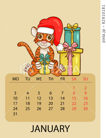 Calendar design template for January 2022, the year of the tiger according to the Chinese calendar, with an illustration of tiger in Santa Claus hat with gifts. Table with calendar for January 2022. Calendar design template for January 2022, the year of the tiger according to the Chinese calendar, with an illustration of tiger in Santa Claus hat with gifts. Table with calendar for January 2022. 82910181