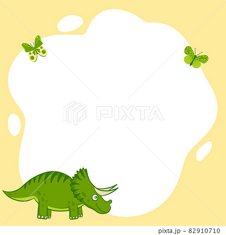Dinosaurs. Vector frame in the form of a spot in a flat cartoon style. Template for children's photos, postcards, invitations. 82910710