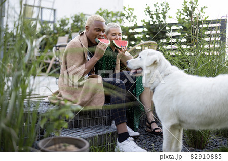 Multiracial couple eat watermelon in their garden Multiracial couple eat watermelon in their garden 82910885