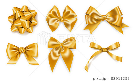 Set of realistic golden ribbons bows, decoration for gift boxes, design element 82911235