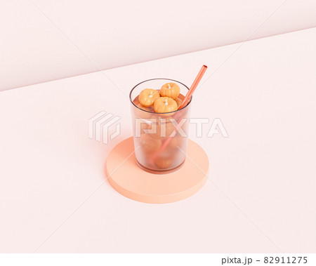 Drink in glass with pumpkins on beige background for advertising on autumn holidays or sales, 3d render 82911275