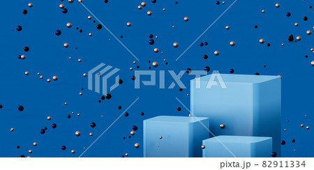 Podiums or pedestals for products display or advertising with shiny spheres on blue background, 3d minimal render 82911334