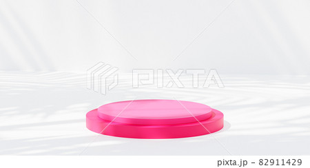 Pink podium or pedestal for products display or advertising with leaf shadows on white background, 3d render Pink podium or pedestal for products display or advertising with leaf shadows on white background, 3d render 82911429