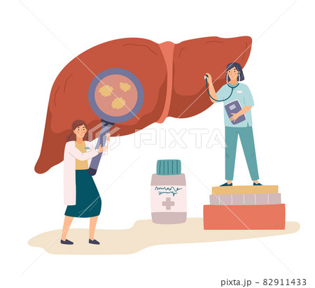 Doctor with magnifier and nurse with stethoscope examining liver, flat vector illustration isolated on white background. 82911433