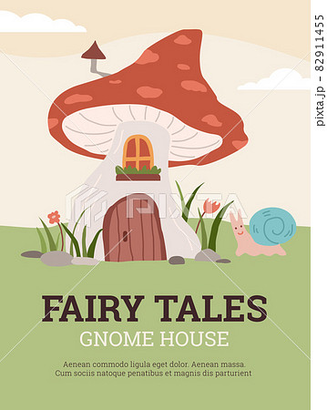 Fairy tales card or poster with cute gnomes house, flat vector illustration. 82911455