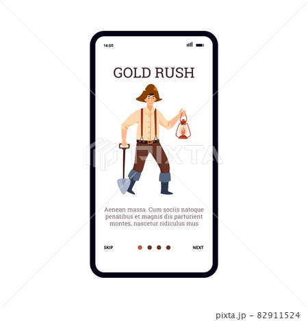 Ui design template with prospector in vintage clothes, shovel and lantern - flat vector illustration. 82911524