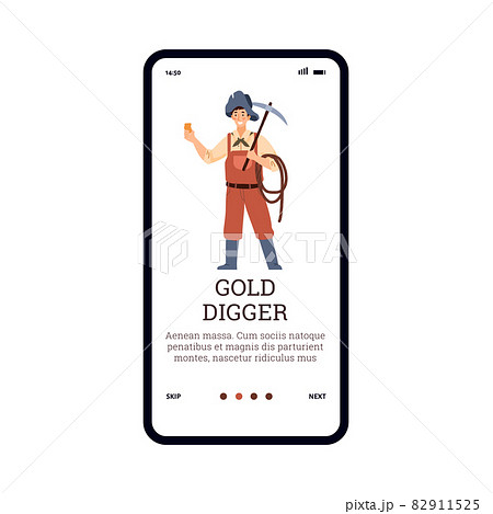 Onboarding page with gold digger or treasure hunter flat vector illustration. Onboarding page with gold digger or treasure hunter flat vector illustration. 82911525