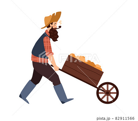 Gold digger hunter pushing trolley with gold, flat vector illustration isolated. Gold digger hunter pushing trolley with gold, flat vector illustration isolated. 82911566