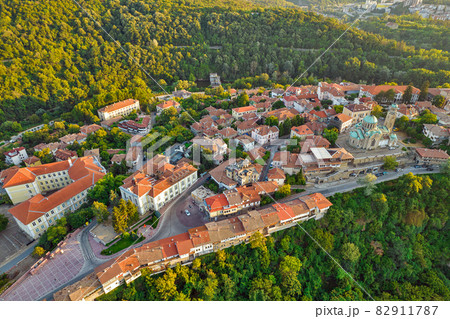 Aerial drone view over Veliko Tarnovo in Bulgaria. Aerial drone view over Veliko Tarnovo in Bulgaria. 82911787