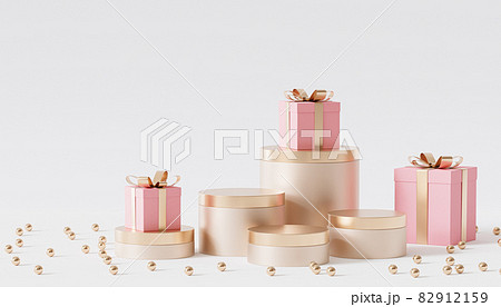 Golden podiums or pedestals for products or advertising with gift boxes, 3d render 82912159