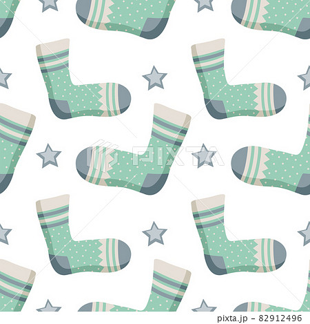 Seamless pattern with socks, stars and different print. Winter trendy background of clothing items, gift wrapping, postcards for Christmas or New year 82912496