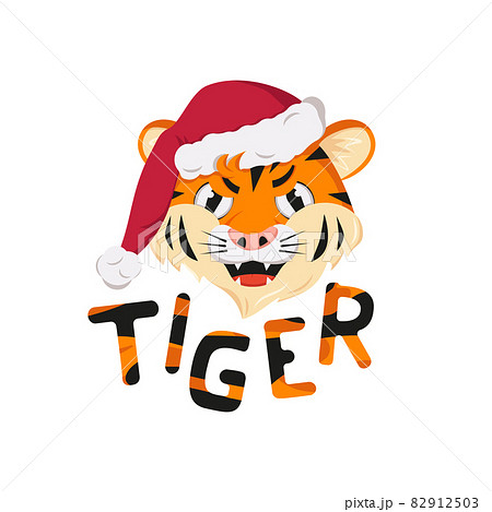 Angry tiger, symbol of New Year in red Christmas Santa hat. Wild animals of Africa, face with furious emotion, holiday decoration with orange striped lettering Angry tiger, symbol of New Year in red Christmas Santa hat. Wild animals of Africa, face with furious emotion, holiday decoration with orange striped lettering 82912503