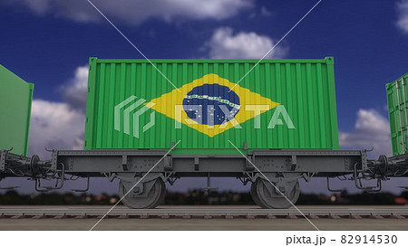 Train and containers with the flag of Brazil. Railway transportation. 3d rendering Train and containers with the flag of Brazil. Railway transportation. 3d rendering 82914530