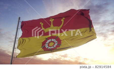 Hampshire flag, England, waving in the wind, sky and sun background. 3d rendering Hampshire flag, England, waving in the wind, sky and sun background. 3d rendering 82914584