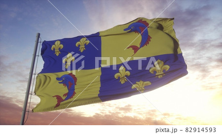Dauphine flag, France, waving in the wind, sky and sun background. 3d rendering 82914593