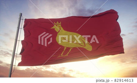 Aunis flag, France, waving in the wind, sky and sun background. 3d rendering Aunis flag, France, waving in the wind, sky and sun background. 3d rendering 82914613