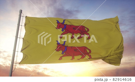 Bearn flag, France, waving in the wind, sky and sun background. 3d rendering 82914616