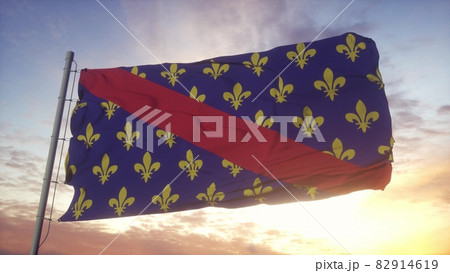 Bourbonnais flag, France, waving in the wind, sky and sun background. 3d rendering 82914619