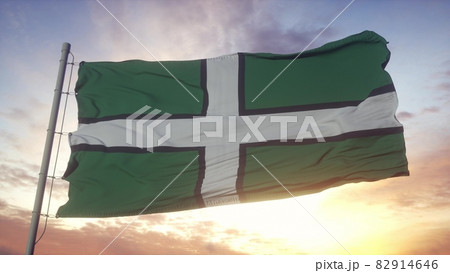 Devon flag, England, waving in the wind, sky and sun background. 3d rendering Devon flag, England, waving in the wind, sky and sun background. 3d rendering 82914646