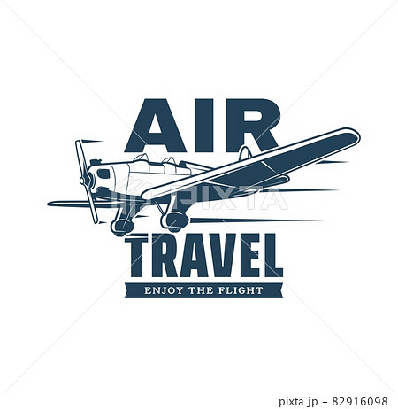Air travel vector icon. Retro plane or biplane with propeller, wings and wheels flying in sky. Airline flights, tourism and aviation tours isolated blue symbol with retro fixed wings aircraft Air travel vector icon. Retro plane or biplane with propeller, wings and wheels flying in sky. Airline flights, tourism and aviation tours isolated blue symbol with retro fixed wings aircraft 82916098