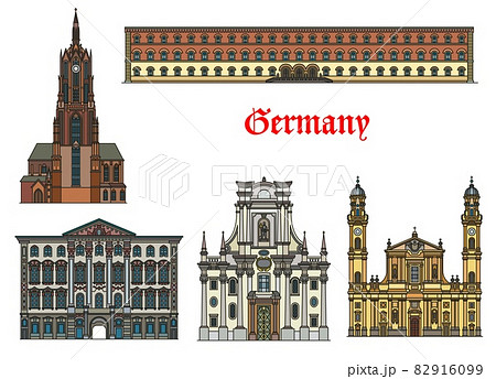 Germany, Munich architecture buildings and travel landmarks, vector. Preysing Palace and Bavarian State Library, St Cajetan Theatine and Trinity church, Saint Bartholomew cathedral dom in Munchen 82916099