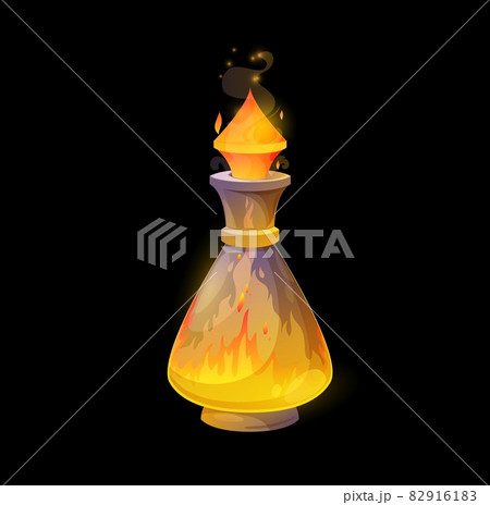 Glass potion bottle with fire, orange flames raging in flask. Vector magic elixir, spell with blaze splash tongues. Cartoon element for magic game ui design. Witch asset isolated on black background Glass potion bottle with fire, orange flames raging in flask. Vector magic elixir, spell with blaze splash tongues. Cartoon element for magic game ui design. Witch asset isolated on black background 82916183
