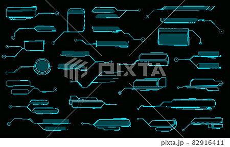 HUD callout titles, information call box bars and digital info boxes. Futuristic vector frames, data visualization and info bars or glowing blue neon light frames, GUI interface design elements set 82916411