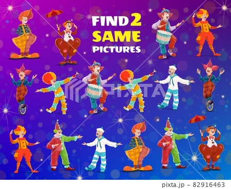 Cartoon circus clowns, find two same game, vector kids test with funny performers. Riddle with buffoon artists characters on big top tent arena. Educational children maze, leisure activity test 82916463