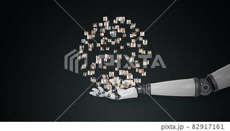 Robotic hand presenting polygon structure with profile picture against black background Robotic hand presenting polygon structure with profile picture against black background 82917161