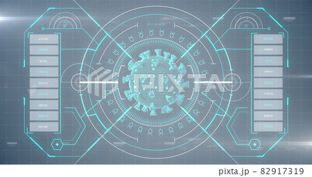 Image of macro coronavirus Covid-19 cell analyzed on a screen with medical information Image of macro coronavirus Covid-19 cell analyzed on a screen with medical information 82917319