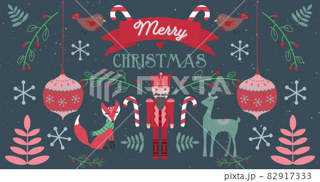 Image of Merry Christmas words with animals on Christmas decorations background 82917333