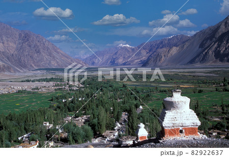 India, Ladakh, Leh District, Nubra Valley, Landscape with Himalayas and Buddhist Buddhist Lamayuru Monastery in valley 82922637