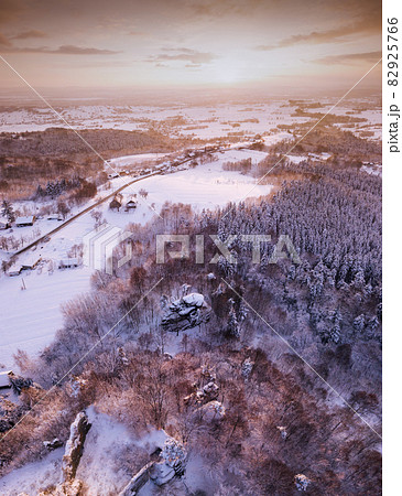Poland, Subcarpathia, Odrzykon, Aerial view of ruins of Kamieniec Castle in winter 82925766