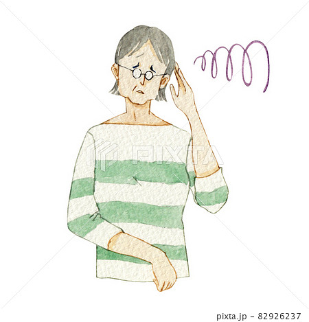 人物 女性 シニア 頭痛 うつ病 悩み 体調不良 水彩 イラストのイラスト素材