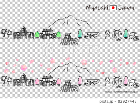 Simple line drawing set of sightseeing spots in Miyazaki prefecture in spring 82927445