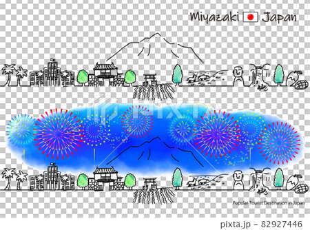 宮崎縣觀光景點煙花和街景的簡單線條畫集 82927446