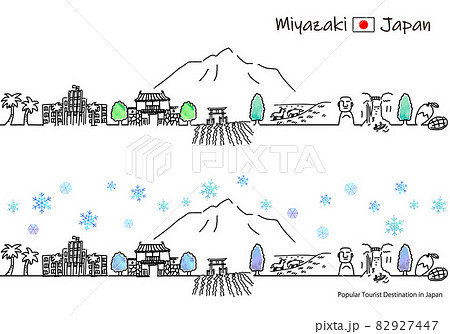 冬の宮崎県の観光地の街並みシンプル線画セット 82927447